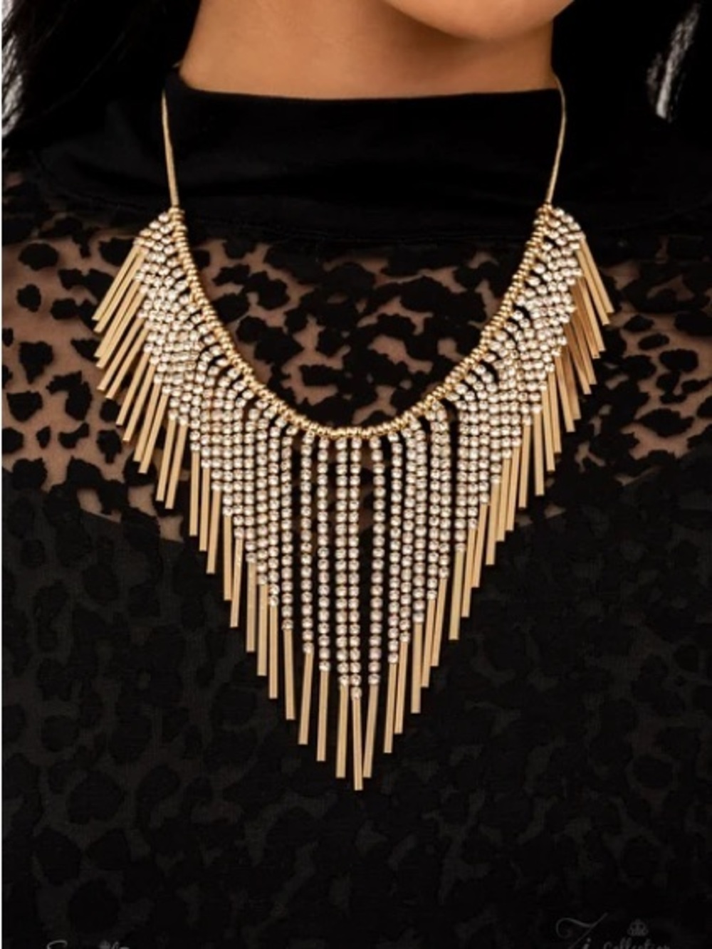 Paparazzi Signature Fashion gold necklace with silver rhinestones and fringe